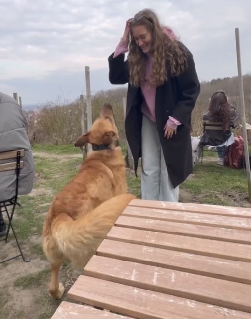 A study abroad student standing outdoors and smiling while looking down at a dog