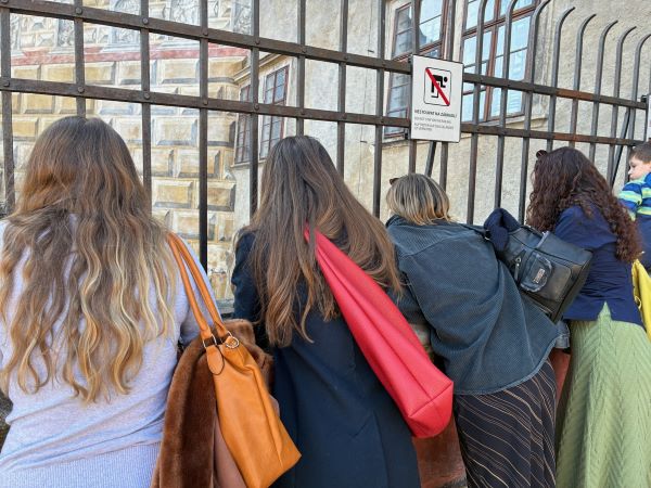 Four study abroad students with long hair as seen from behind looking through a thin black gate