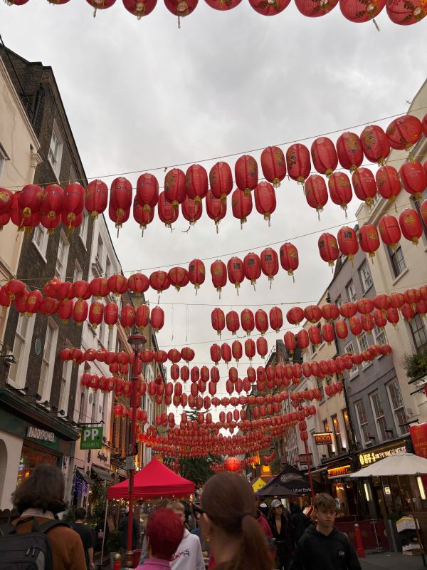 Photo of hanging red lanterns on busy China town street