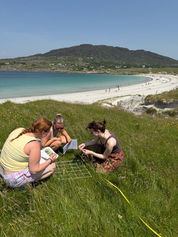 Three study abroad students sitting outdoors in deep grass and looking at a small white grid in the grass with a beachy landscape in the background