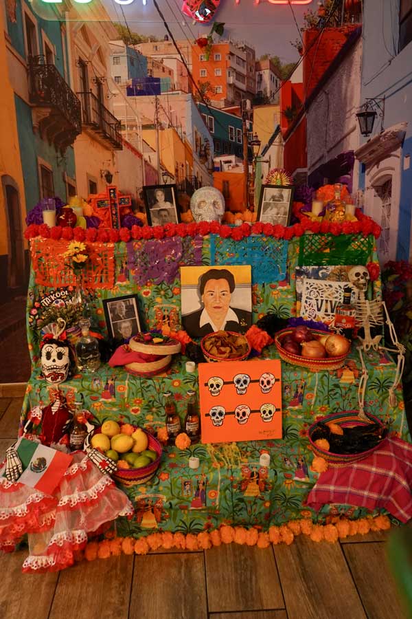 A altar with food and skulls