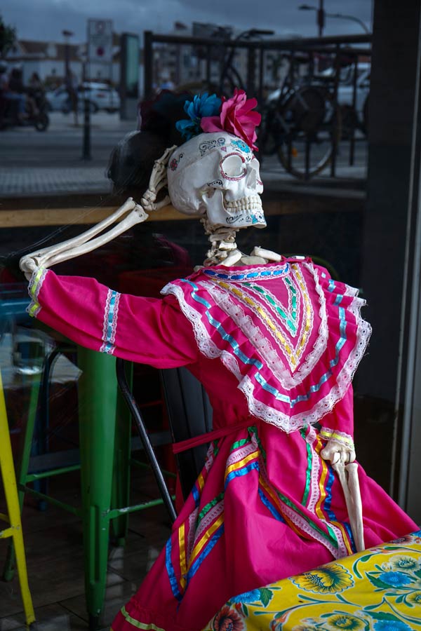 A skeleton wearing a pink dress