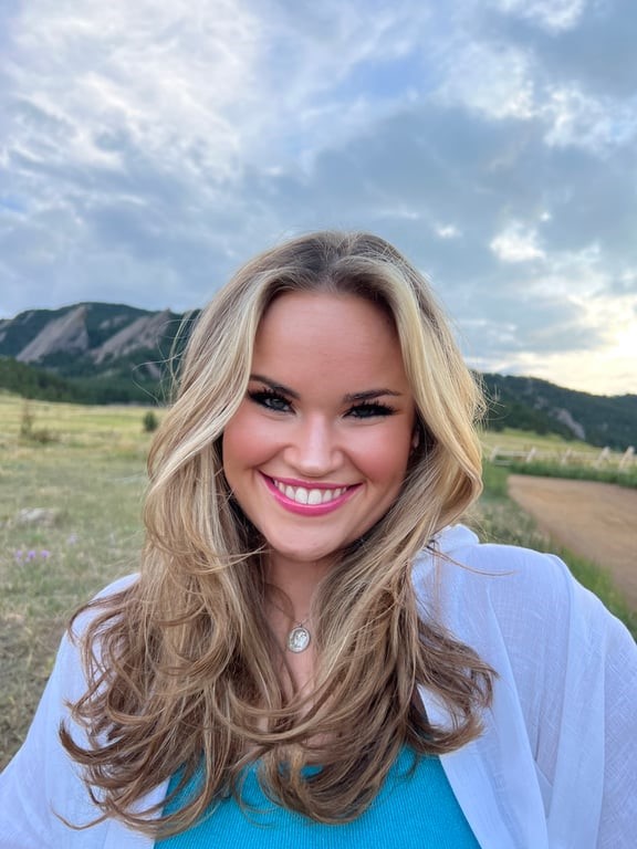 person smiling at camera with mountains in background