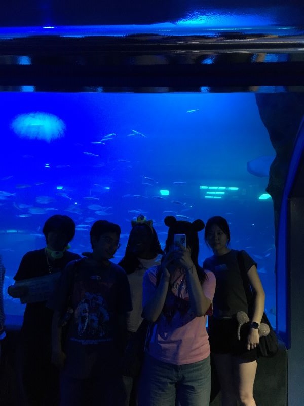 Five study abroad students taking a selfie in an indoor mirror in low light with a tank of water lit bright blue behind them