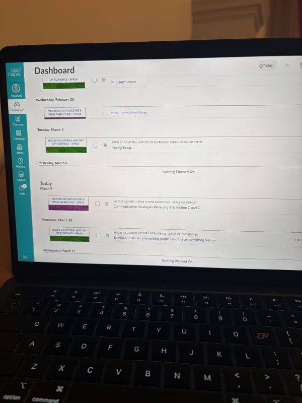 A laptop screen featuring a webpage of a study abroad student's class schedule