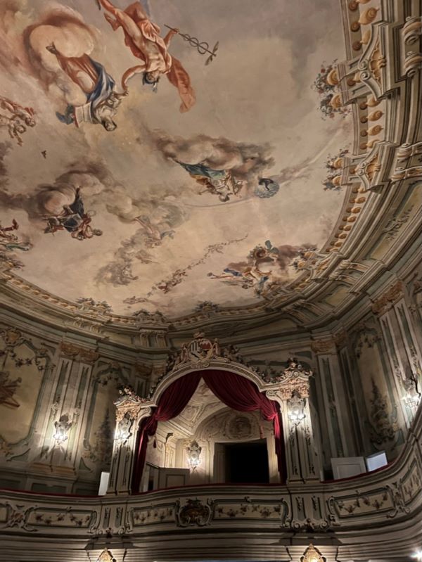 The interior of a castle room featuring a balcony with red sash curtains pinned up and a large intricately painted ceiling