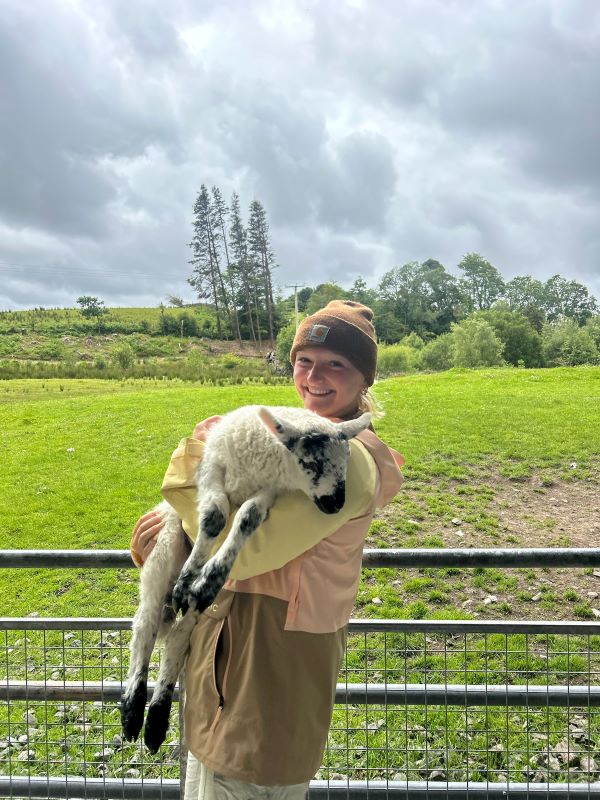 A study abroad student standing outdoors and holding a lamb while smiling at the camera