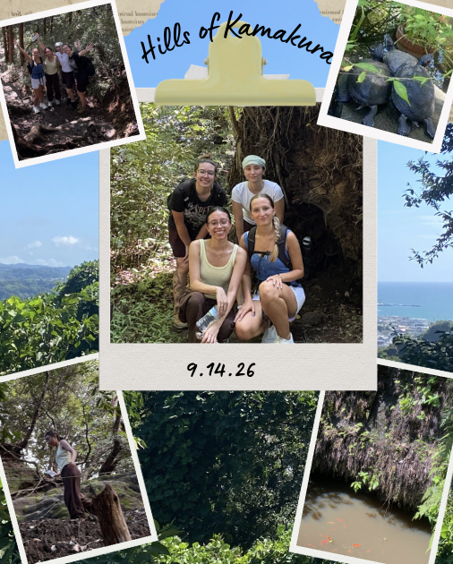 A collage of photos featuring nature spots with a group of study abroad students smiling at the camera in the center