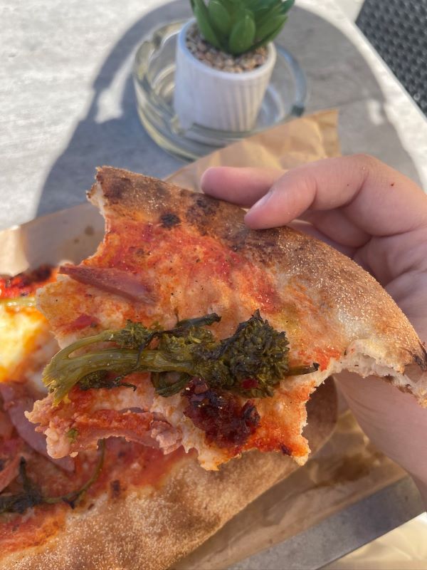 A hand holding a half-eaten piece of pizza up to the camera