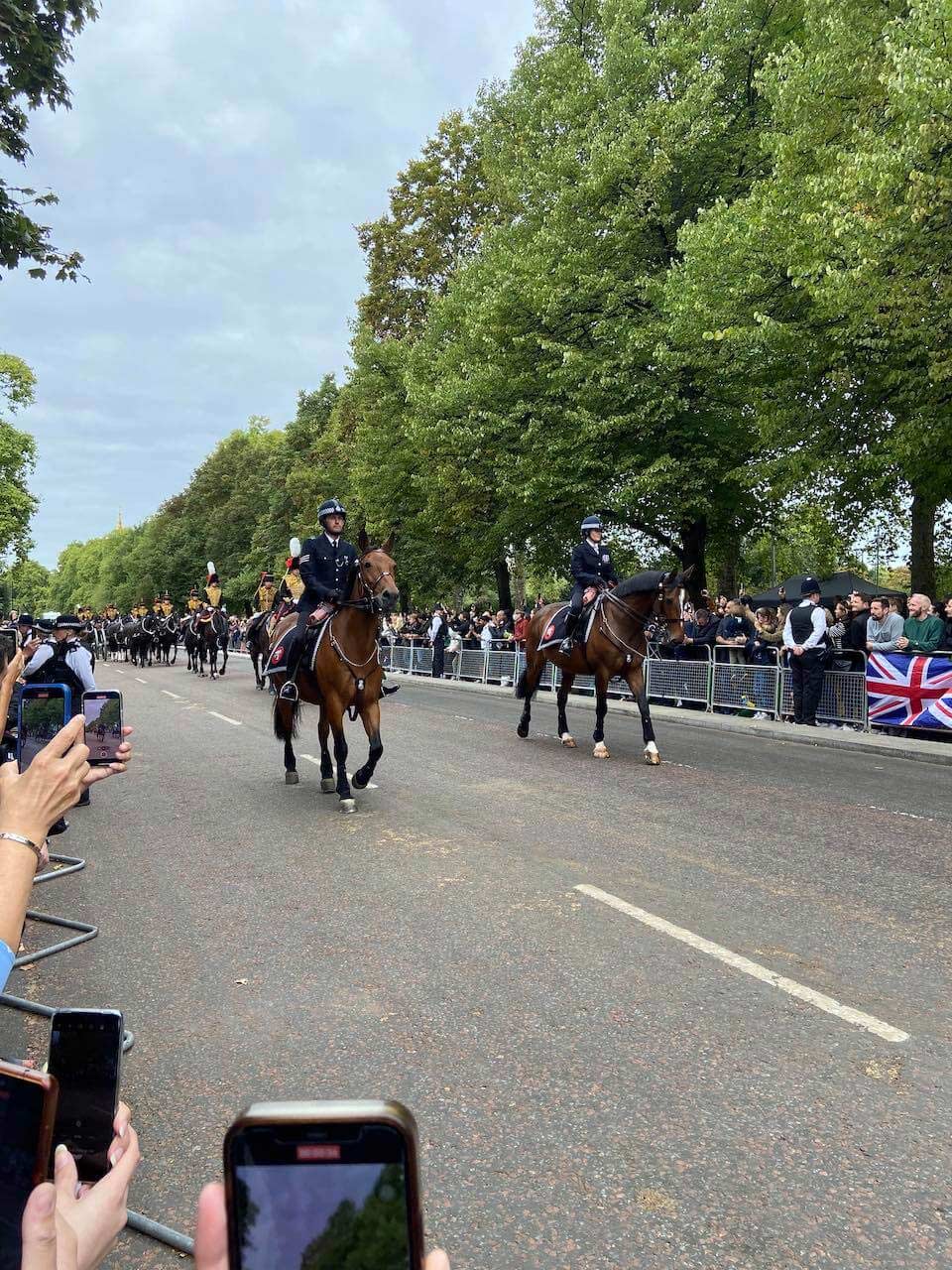 Police horses walk down the South Carriage Drive awaiting the Queen's procession