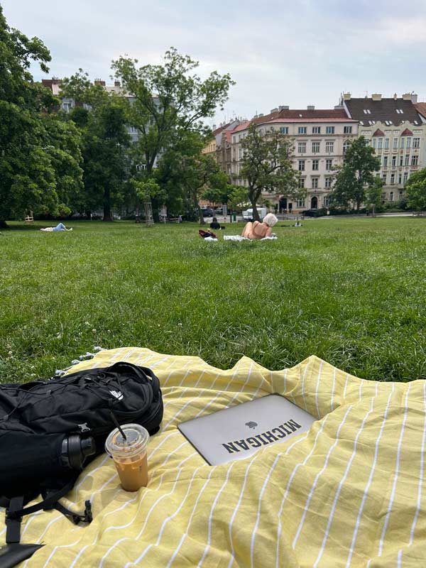 A blanket on a green field with a laptop and backpack laying on top of it