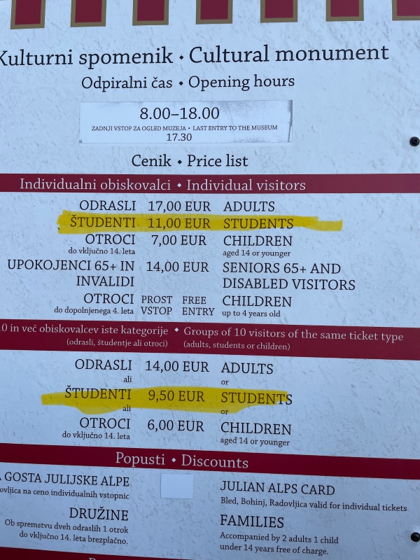 Photo of student discount highlighted on price list for the Ljubljana Castle