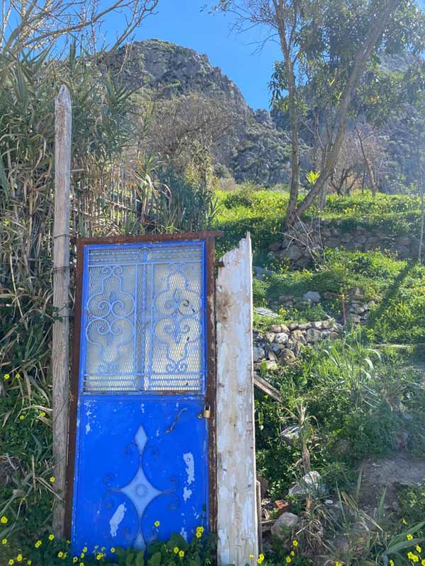 A blue door with a glass window