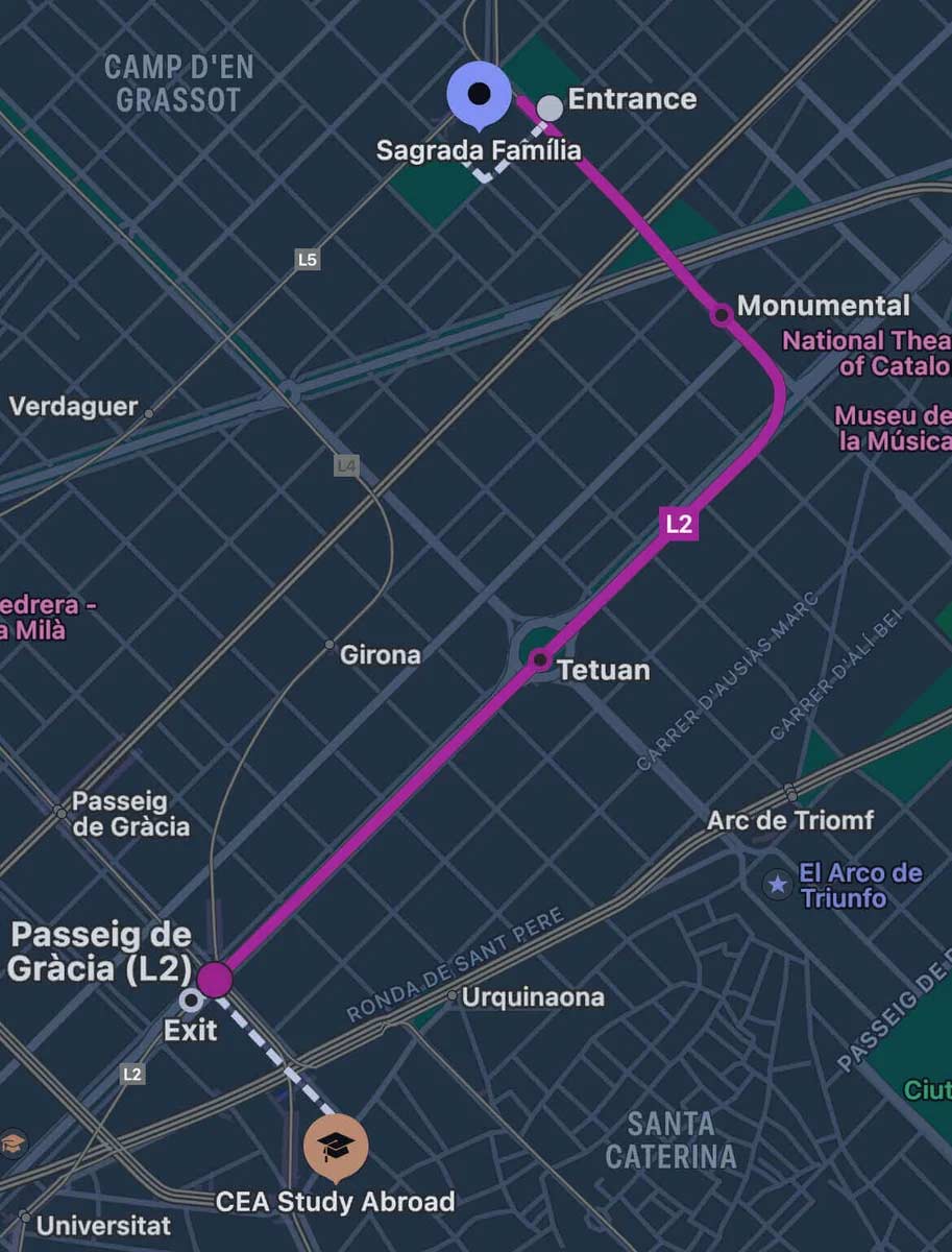 A map of the route from the CEA CAPA Study Abroad Center to La Sagrada Familia in Barcelona, Spain