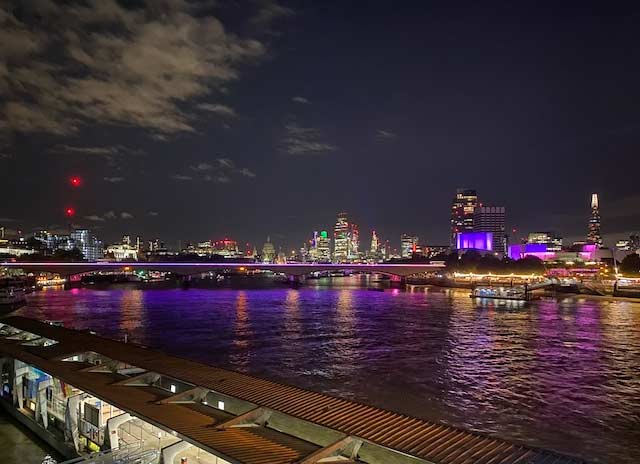 Nighttime skyline view of Westminster Bridge