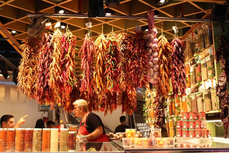 Dried Chiles at La Boqueria in Barcelona, Spain.