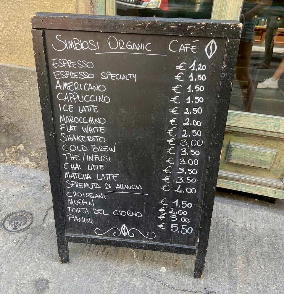 Menu in Italian outside a local cafe in Florence