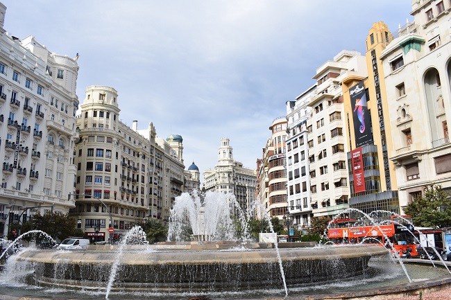 The beautiful façades of buildings in the Plaza del Ayuntamiento in València