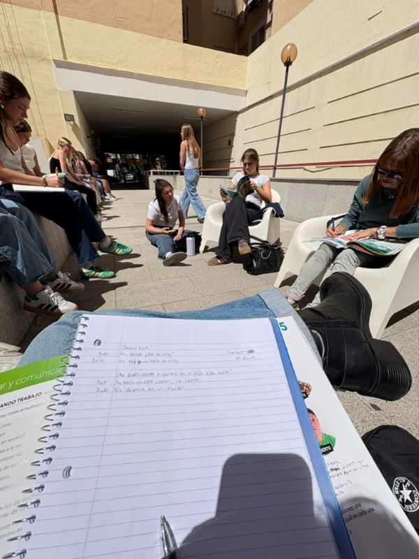 Class studying outside