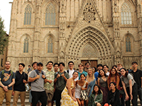 Students in front of elegant cathedral