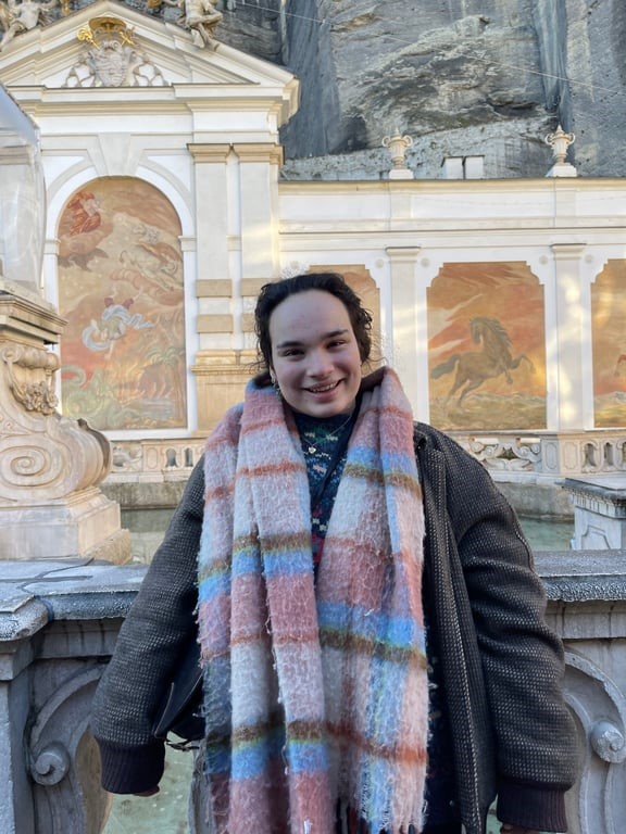 A study abroad student wearing a scarf